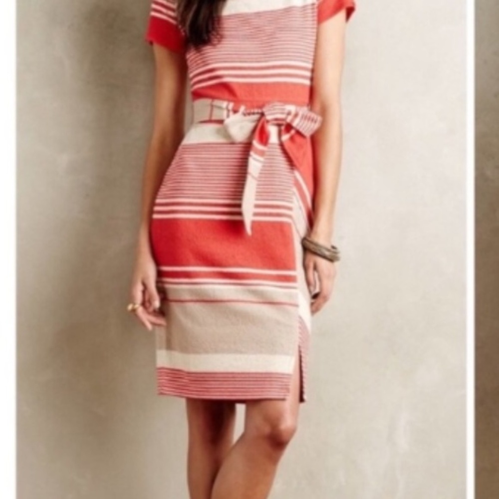 Striped Coral and Cream Belted Knit Dress